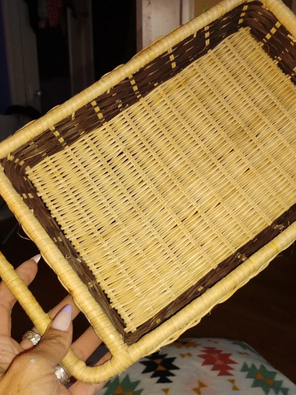 Woven Rectangular Storage Basket Tray - Natural and Dark Brown